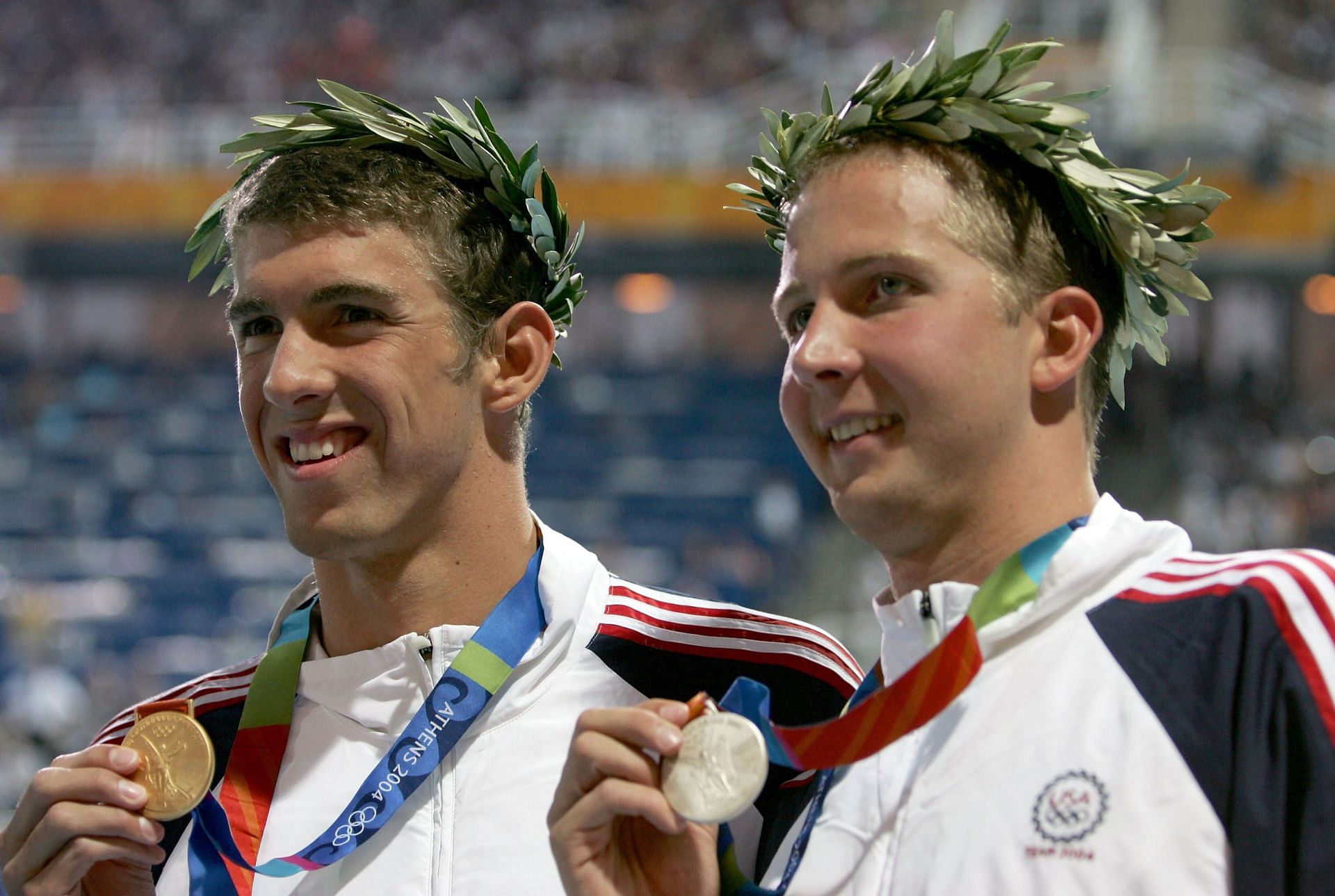 Michael Phelps and Ian Crocker during the 2004 Summer Olympic Games in Athens, Greece. (Photo by Getty Images)